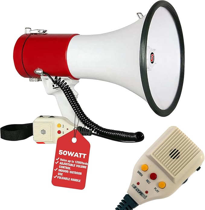 5 CORE Megaphone 50W Bull Horn Professional PA Speaker w 1200 Yards Range Loud Siren Voice Amplifier USB/SD/3.5mm Aux Portable Megafono for Emergency Outdoor Sports and Coaches - 66SF