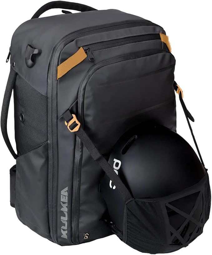Käydä 44L Travel Backpack - Spacious Carry On Backpack with Detachable Travel Pouch, Magnetic Water Bottle Pocket, Passport and Laptop Pocket - Convertible Boot Bag for Snow Sports (Black/Gold)