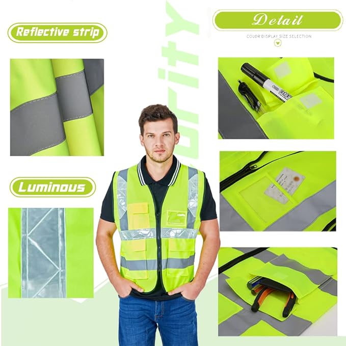 YOWESHOP High Visibility Safety Vest Custom Your Logo Protective Workwear 5 Pockets With Reflective Strips Outdoor Work Vest (M, Blue Black Luminous)