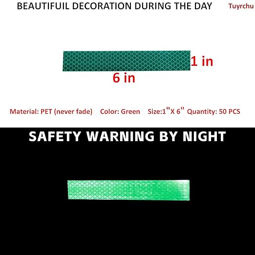 Non Fading Green Reflective Stickers 1 inch X 6 inch, Outdoor Waterproof High Visibility Warning Safety Adhesive Reflector Tape (50 Pcs)