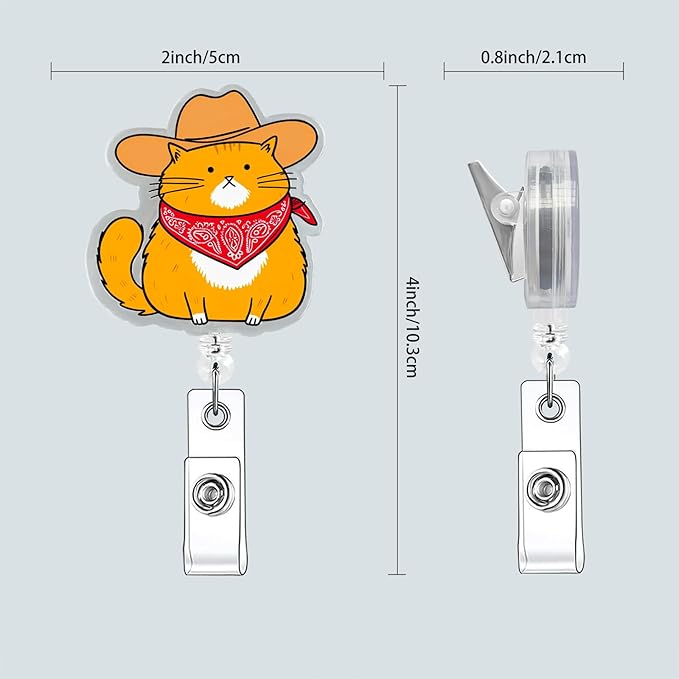 Funny Cat Badge Reel, Retractable Id Badge Holder with Alligator Clip, Name Tag Holder for Nurse Office Worker, Funny Design (Cowboy Cat)