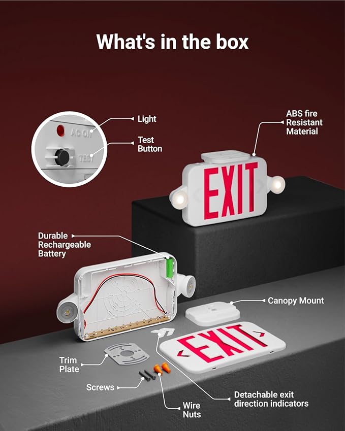 Sunco 12 Pack LED Exit Sign With Emergency Lights, Red, Two Mini Adjustable Lights, 94V-0 Fire Resistant, Backup Battery, 2.3W 6000K Daylight Deluxe, 200 Lumens 120-277V, Wall Or Ceiling Mount UL