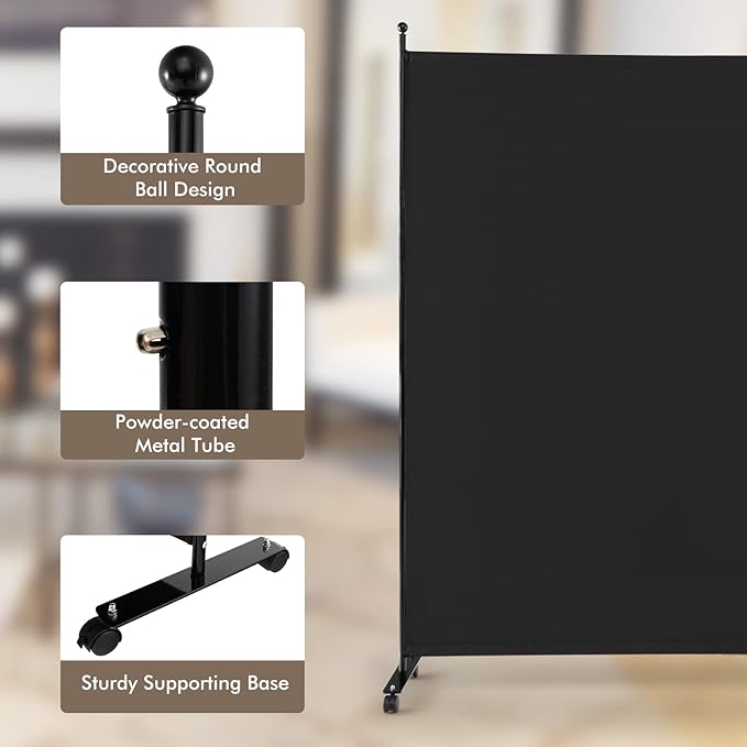 Giantex Room Divider Large Single Panel, 73''W x 73''H Privacy Screen with Lockable Wheels, Rolling Room Divider Panel for Home Office Studio, Partition Fabric Wall Divider for Room Separation, Black
