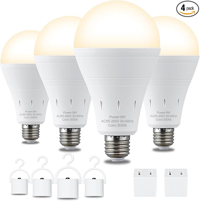 4 Pack Rechargeable Emergency Light Bulbs, Battery Powered Energy Efficient LED Light Bulb 3000K Warm E26 120 Volt 9W 60W Equivalent with 1200mAh for Home Power Outage Camping Hurricane