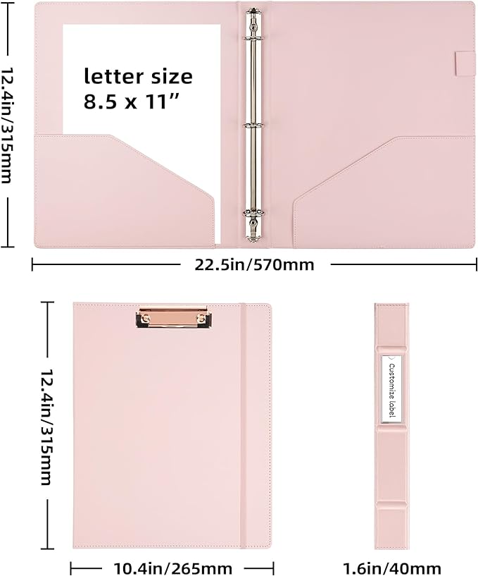 Ospelelf Vintage Hardcover 3 Ring 1 inch Leather Binder, Professional Binder Organizer Suitable for Letter Size, Binder Dividers with Tabs, Clipboard Design, Faux Rose Pink Leather