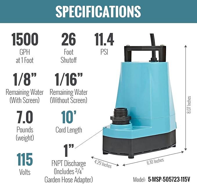 Little Giant 5-MSP 115-Volt, 1/6 HP, 1500 GPH Aluminum Manual Utility Pump, 10-Ft. Cord, Blue, 505723