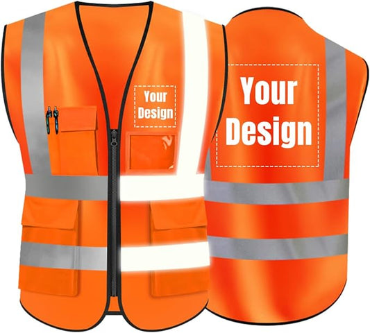 YOWESHOP High Visibility Safety Vest Custom Your Logo Protective Workwear 5 Pockets With Reflective Strips Outdoor Work Vest (Orange (M))