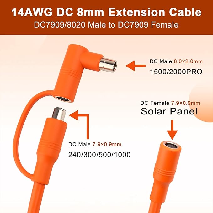 14AWG DC 8mm Extension Cable for Solar Panel 40FT,DC7909 Solar Panel Cable Female to Male with DC8020 Male Adapter Compatible with Aker,GZ Yeti,BLUETT,Jackery Portable Power Station - 40 Foot