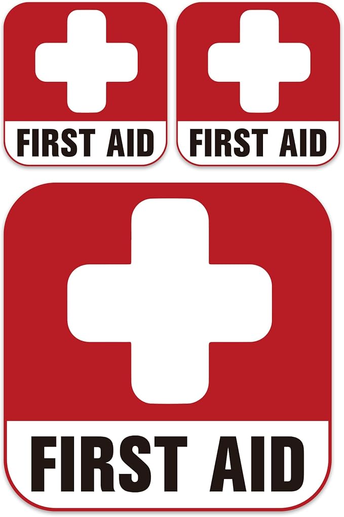 3PCS First Aid Sign Sticker for Box，Self-Adhesive Waterproof Small First Aid Decals for Home, Emergency First Aid Kit Supplies for Home, Office or Business (4x4IN, 2X2IN)