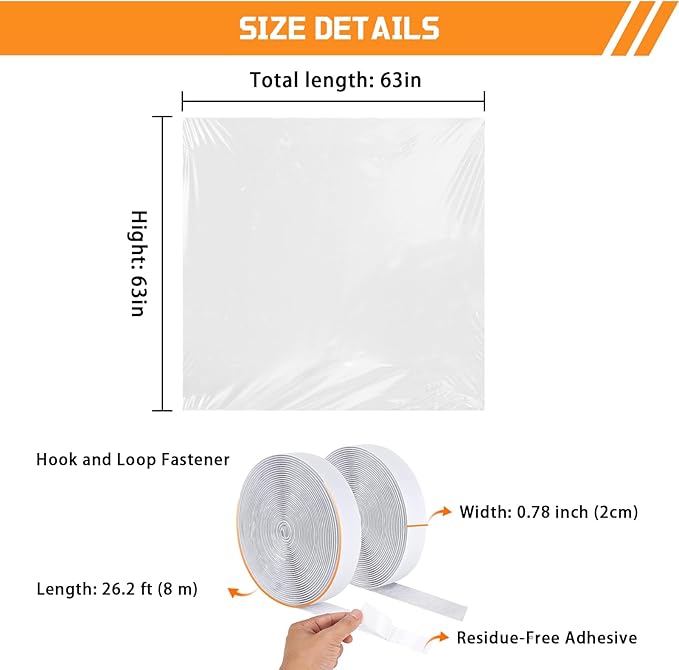 Adjustable Window Insulation Kit for Winter 63x63in Cuttable Transparent Film 180㎛ Thickness with Adhesive Straps Easy to Open for Ventilation Reusable Plastic Window wrap
