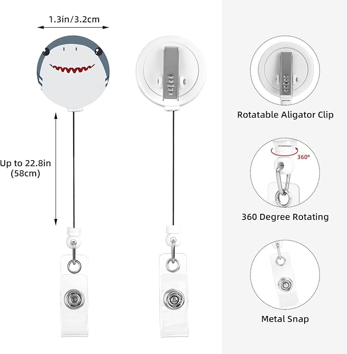 Shark Face Badge Reels Retractable Badge Holder with Clip for Id Name Tag Office Worker Student Teacher Nurse Doctor
