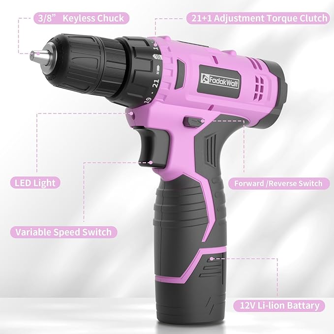 FADAKWALT Cordless Drill Set, 12V Power Drill Set with Battery and Charger, 3/8'' Keyless Chuck, 21+1 Torque Setting, 180 inch-lbs, Pink Electric Drill for Women's Garden DIY Projects（Pink)