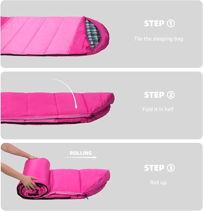 Cotton Flannel Lined Sleeping Bag for Adults Teens Kids, Cold Weather & Warm, 3 Seasons, Lightweight Compact Camping Essentials Equipment, Hiking, Outdoor, Travel