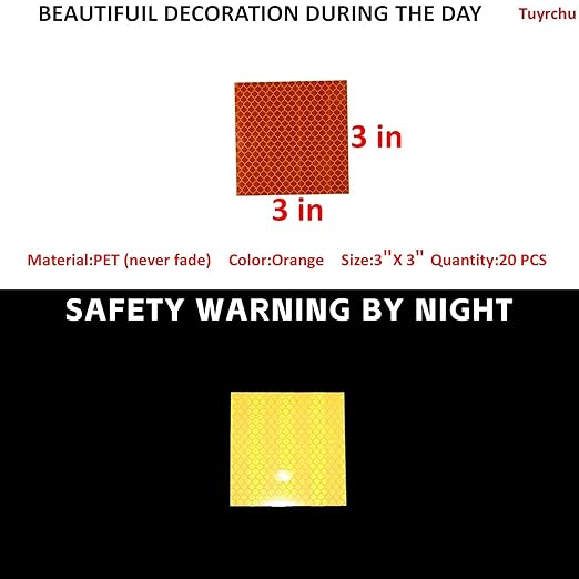 Non Fading Orange Reflective Stickers 3 inch X 3 inch, Outdoor Waterproof High Visibility Warning Safety Adhesive Reflector Tape (20 Pcs)