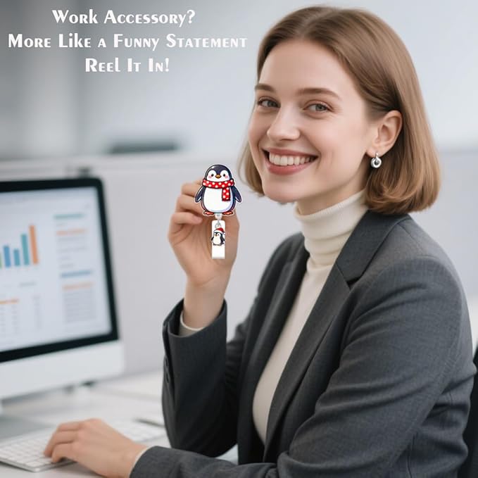 Cute Penguin Badge Reel for ID Card, Funny Christmas Winter Penguin Retractable Nurse Alligator Clip Badge Reel for Women, ID Name Tag Badge Holder for Office School Hospital Nurses Doctors Teachers