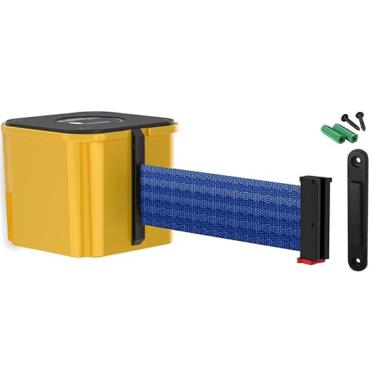 WM412 Retractable Belt Wall Mounted Yellow Crowd Control Barrier and Receiving End, 15' Blue Belt