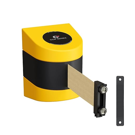 Crowd Control Warehouse - CCW Series WMB-220 Magnetic Wall Mount Retractable Belt Barrier - 15 Foot, Light Brown Belt with Yellow ABS Case