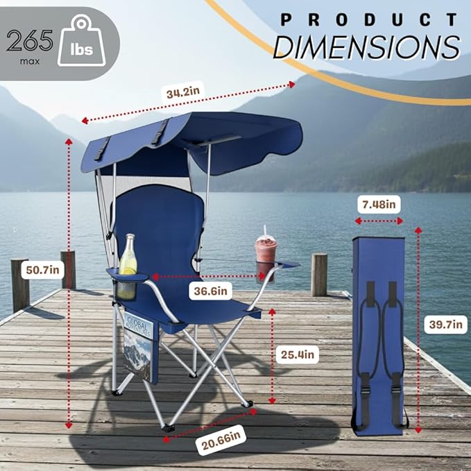 Portable Folding Camping Chairs with Canopy Shade, Beach Chair for Adults, Durable Weather Resistant 600D Oxford Cloth, Camping Chair with Canopy for Outdoors [Navy-2 Pack]