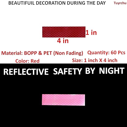 Red Reflective Stickers 1 inch X 4 inch, Outdoor Waterproof High Visibility Warning Safety Adhesive Reflector Tape (60 Pcs)