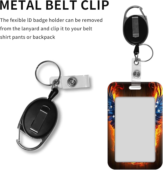 ID Badge Holder with Retractable Lanyard for Women & Men,Vertical ID Card Holder Wallet,Clear Window&Card Slot,Detachable Neck Strap for Nurse Teacher Office,Flame American Flag Eagle