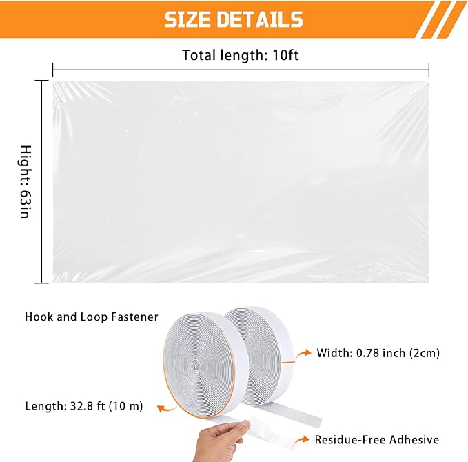 Window Insulation Kit 63 in x 10 ft Cuttable Transparent Film 180μm Thick Reusable Plastic Wrap with Adhesive Straps for Winterizing Thermal Insulation to Keep Cold Out