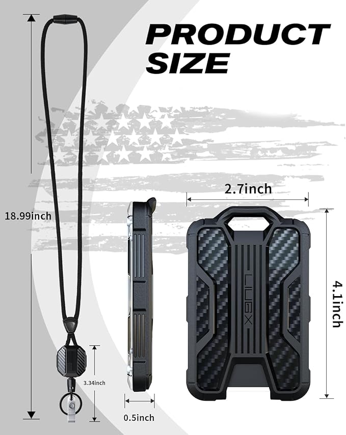LIUGX Retractable Breakaway Lanyards for ID Badges Holder Keys, Carbon Fiber-Texture & American Flag, Badge Reel with Heavy Duty ID Card Holder (Holds 6 Cards) with 20" Cord, Keychain, 4.2 oz, Blue
