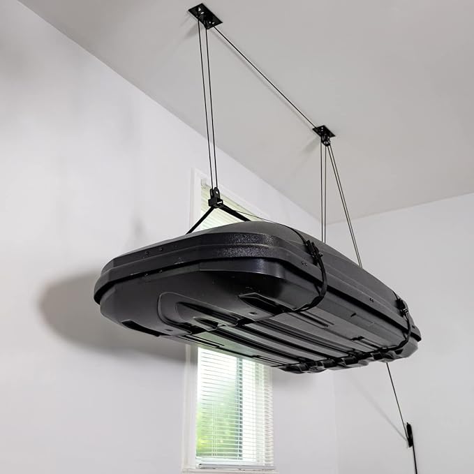 StoreYourBoard Cargo Box Pulley System – Heavy-Duty Garage Hoist Lift for Rooftop Carriers – Garage Storage & Garage Organization Ceiling Hoist with Pulley – Holds 150 lbs - Fits 10-14 ft Ceilings
