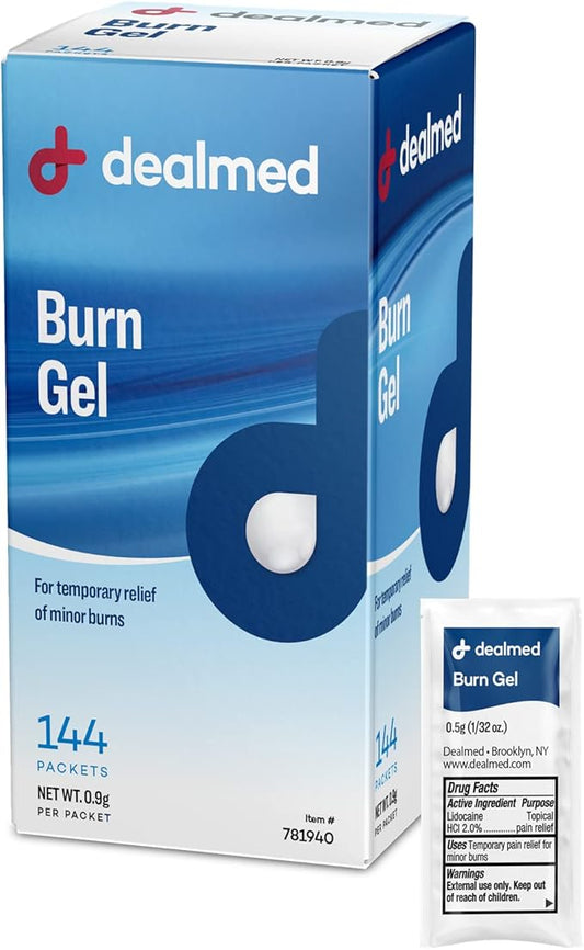 Dealmed First Aid Burn Gel – First Aid Gel for Temporary Relief of Minor Burns, Cuts, and Scrapes, 144 Packets/Box (.5g) - Pack of 1