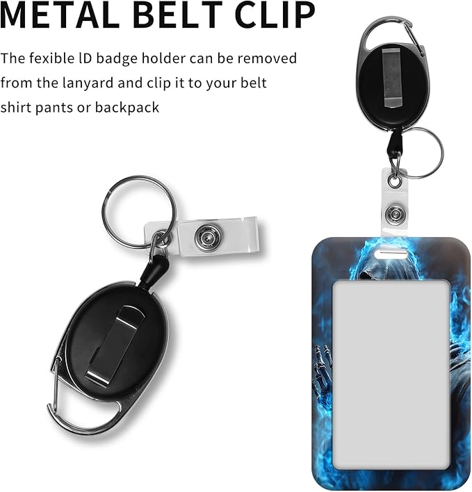 ID Badge Holder with Retractable Lanyard for Women & Men,Vertical ID Card Holder Wallet,Clear Window&Card Slot,Detachable Neck Strap for Nurse Teacher Office,Blue Reaper Skeleton