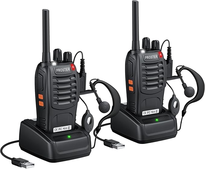 Proster Rechargeable Walkie Talkies 1 Pair - Long Range Two Way Radios 16 Channel Handheld Walky Talky, with USB Charger 2 Pack Earpiece Mic for Walkie Talkies