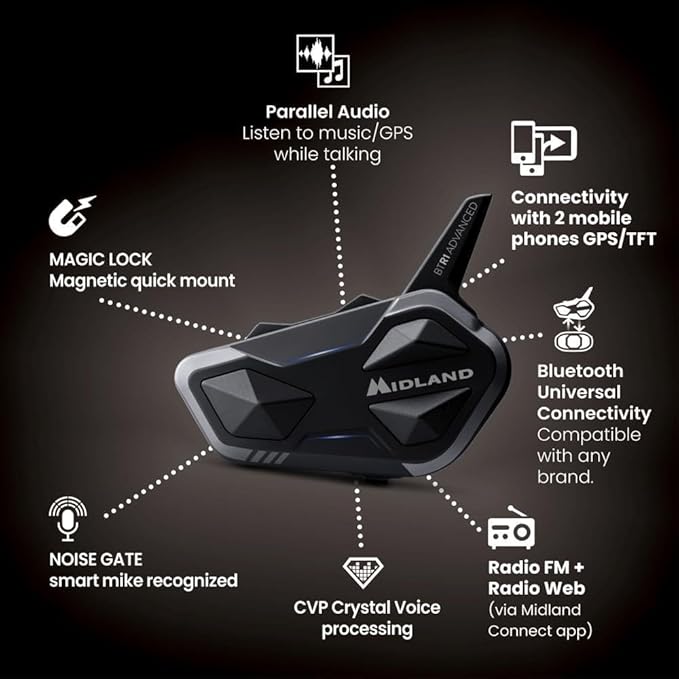 Midland BTR1 Advanced Motorcycle Bluetooth Headset – 4-Rider Intercom System with Wired and Boom Mic, RCF HD Sound, Music Sharing, DNK Noise Cancellation, FM Radio, IPX6 Waterproof (1 Pack, Black)