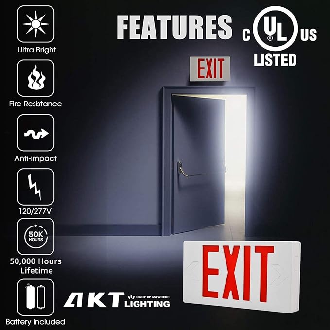 AKT LIGHTING Red LED Exit Sign Emergency Light with Battery Backup, Double Face Hardwired Red Letter Emergency Exit Lighting For Business, Restaurant, Commercial, Supermarket, UL-Listed, 120-277V, 6PCS