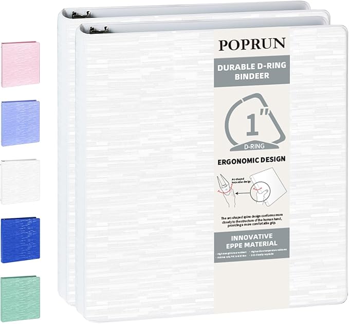 POPRUN 3 D Ring Binder 1 Inch, PVC-Free, Holds 225 Sheets of 8.5 x 11 Paper, Extra Durable Organizer with 2 Pockets for School & Office, Heavy-Duty, 2 Pack, White