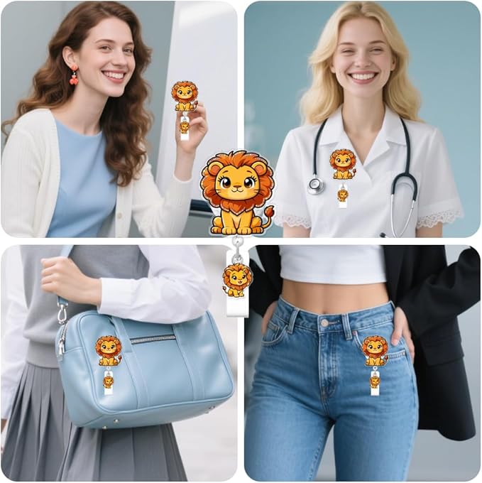 Cute Lion Badge Reel for ID Card, Funny Animal Lion Retractable Nurse Alligator Clip Badge Reel for Women, ID Name Tag Badge Holder for Office School Hospital Nurses Doctors Teachers