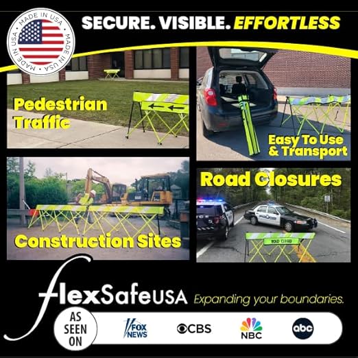 Flex-Safe Safety Barriers, Portable Expandable Barricade 7 ft Traffic Barricade Parking Barrier Folding Security Gate Scissor Gate Traffic Cones Alternative High Vis Yellow