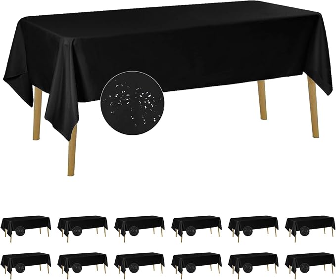 Fokitut 12 Pack Waterproof Rectangle Tablecloth, 60x102 Inch, Stain Resistant and Wrinkle Polyester Table Cloth, Fabric Table Cover for Kitchen Dining, Wedding, Party, Holiday Dinner-Black