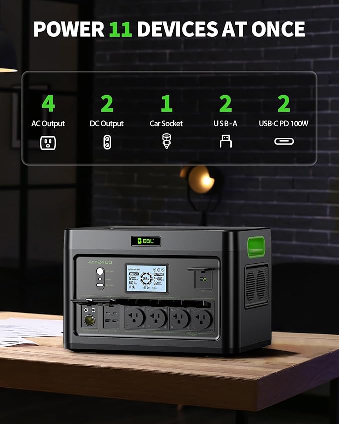 2400W Portable Power Station EBL, 1843Wh LiFePO4 Solar Generator with 4 AC Outlets, Fast AC Charging, 100W USB-C PD Output, 11 Ports for Home Backup, RV Camping & Emergency Power Outages (Peak 4800W)