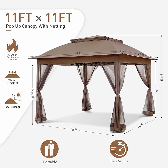 COOS BAY 11x11 Pop-Up Instant Gazebo Tent with Mosquito Netting Outdoor Canopy Shelter with 121 Square Feet of Shade (Brown)