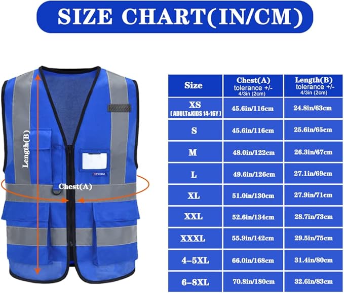 A-SAFETY Blue High Visibility Vests Reflective Work Vest,Hi Vis Bright Neon Color with 4 Reflective Strips 7 Pockets