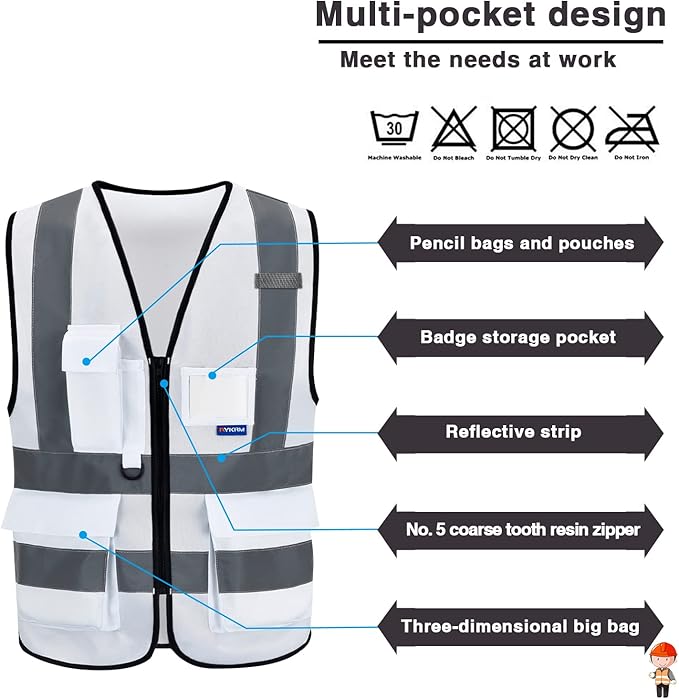 Reflective Security Safety Vests Heavy Duty with 7 Pockets and Front Zipper