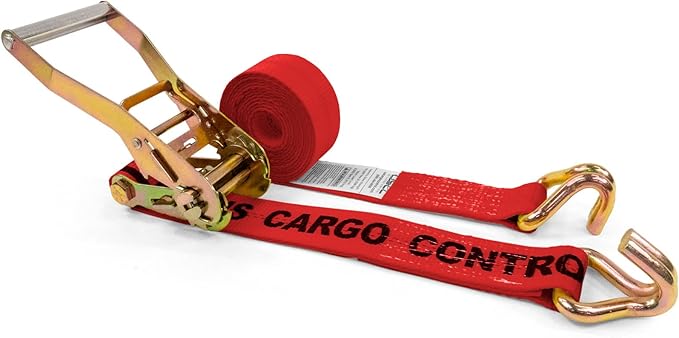 US Cargo Control Wire Hook Ratchet Strap 2 Inch x 12 Foot, 10,000 LBS Break Strength, Ratchet Straps Heavy Duty with Double J Hooks, Red Cargo Tie Downs for Flatbed Trailers and Trucks