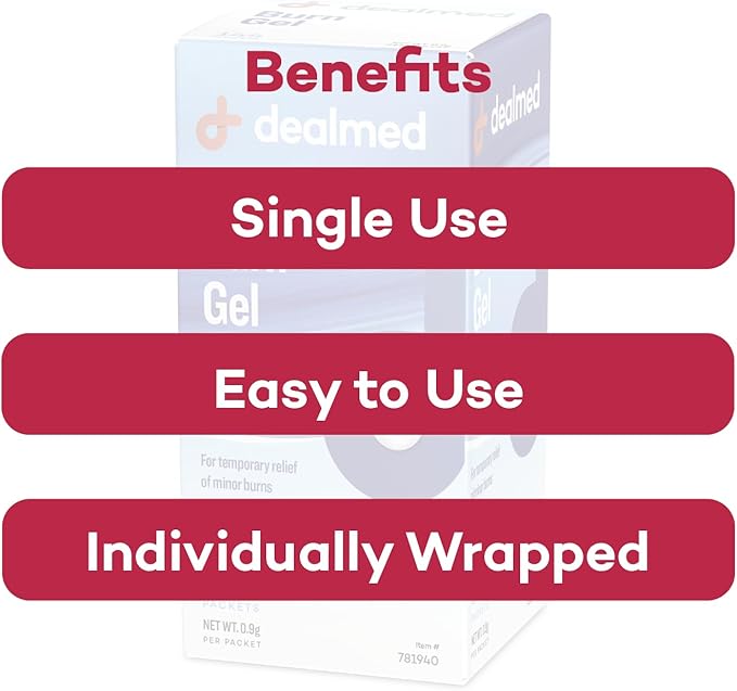Dealmed First Aid Burn Gel – First Aid Gel for Temporary Relief of Minor Burns, Cuts, and Scrapes, 144 Packets/Box (.5g) - Pack of 1