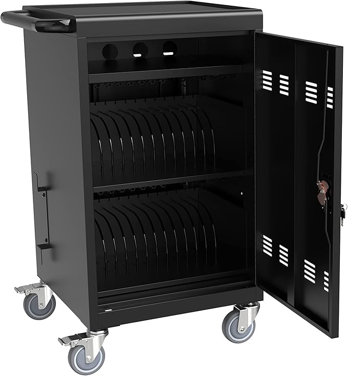36-Device Mobile Charging Cart with Charging Power Strip and Front and Rear Access Locks, Cable Management, Up to 17"", Safe Charging Cabinet for Ipads, Chromebooks, Tablets, Laptops Black
