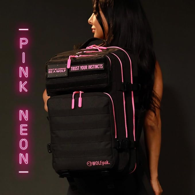 WOLFpak 45L Athletic Gym Backpack - Durable 1000D Waterproof Oxford Material with MOLLE Webbing, Laptop Pocket & Dual Cup Holders, Durable Fitness/Travel/Military Daypack (Neon Pink)