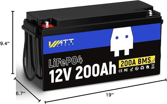 Wattcycle 12V 200Ah LiFePO4 Lithium Battery 1 Pack, Up to 15000 Cycles, Built-in 200A BMS, Low Temperature Protection, 10 Years Lifespan, Perfect for RV Outdoor Camping Home Energy Storage
