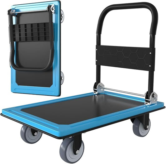 WUD Push Cart, Folding Mobile Platform Trolley,Thickened and Reinforced, 360° Swivel Wheels,30.3 “L x 19.7 ”W, 900 lb.Blue Dolly cart with Wheels