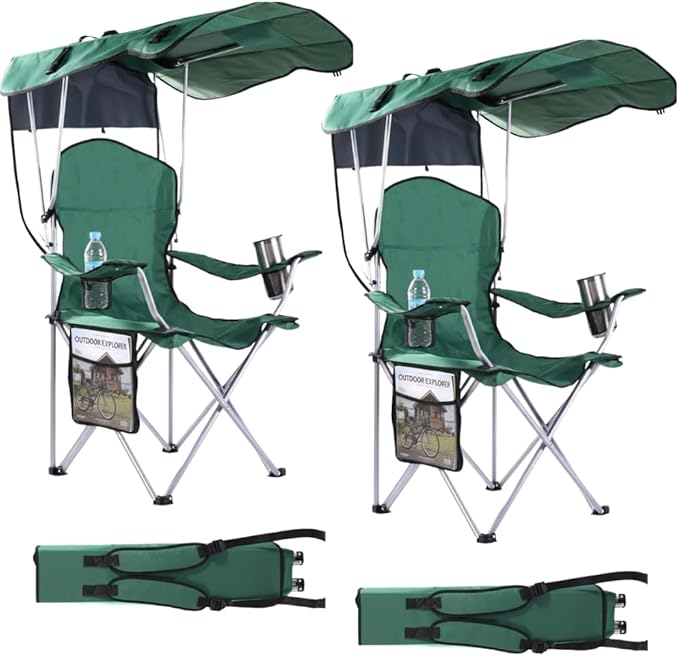 Portable Folding Camping Chairs with Canopy Shade, Beach Chair for Adults, Durable Weather Resistant 600D Oxford Cloth, Camping Chair with Canopy for Outdoors [Green-2 Pack]