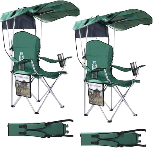 Portable Folding Camping Chairs with Canopy Shade, Beach Chair for Adults, Durable Weather Resistant 600D Oxford Cloth, Camping Chair with Canopy for Outdoors [Green-2 Pack]