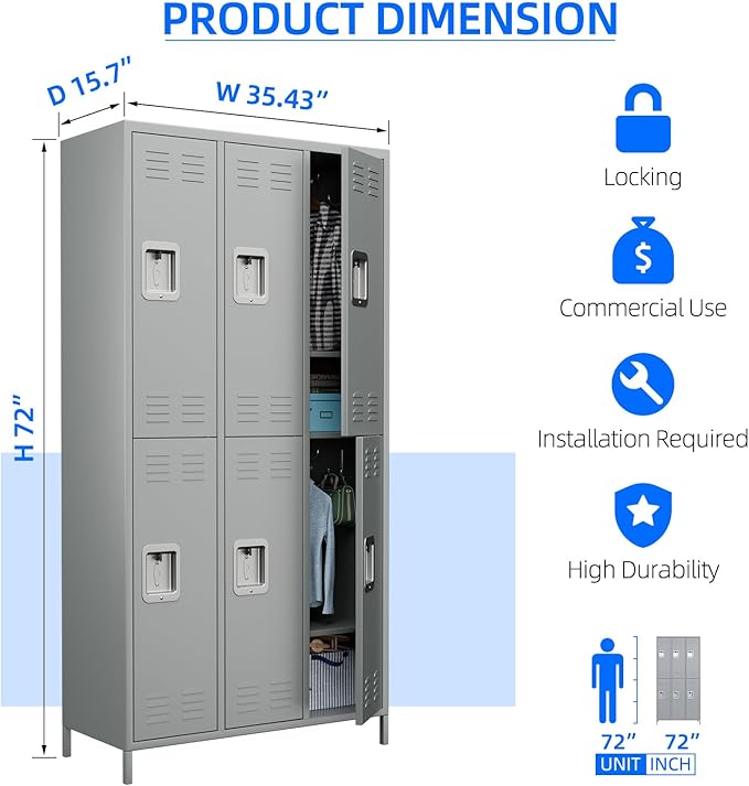Metal Lockers with 6 Doors and 18 Hooks, 72" Tall Lockers for Employees, Home Office School Gym, Assembly Required, Light Gray