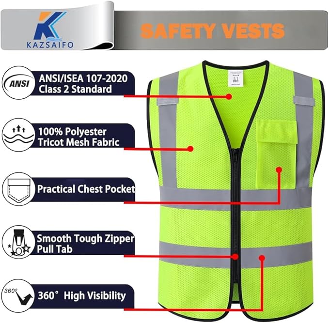 Hi Vis Reflective Safety Vest for Men Women Work,Mesh High Visibility Class 2 Construction Vest with Chest Pocket and Zipper Front,Meets ANSI/ISEA Standard (KZ179-Yellow-4XL)